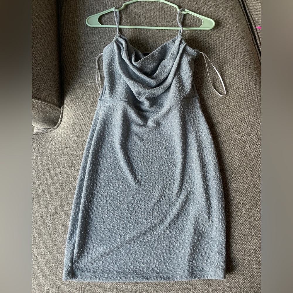 Blue glitter stretchy cowl neck semi formal dress